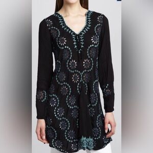 Johnny Was Black and Blue Embellished Long Sleeve Tunic